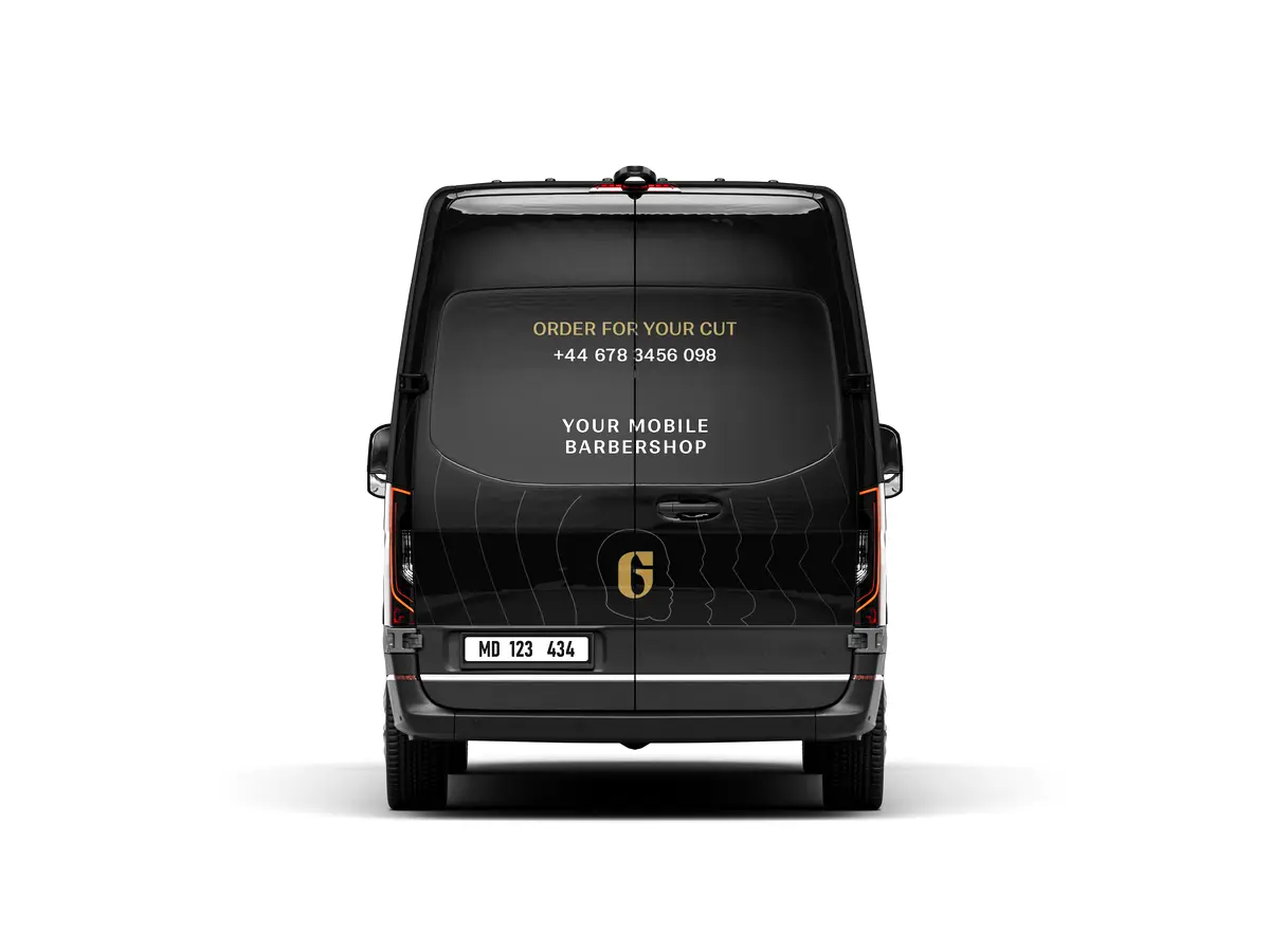 Rear view of the Groomr van with booking details
